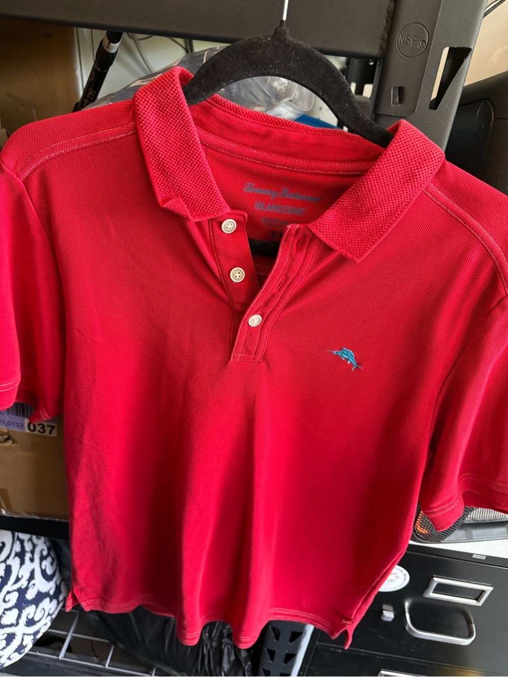 Tommy Bahama Bright Red Polo with Blue Dolphin Logo
